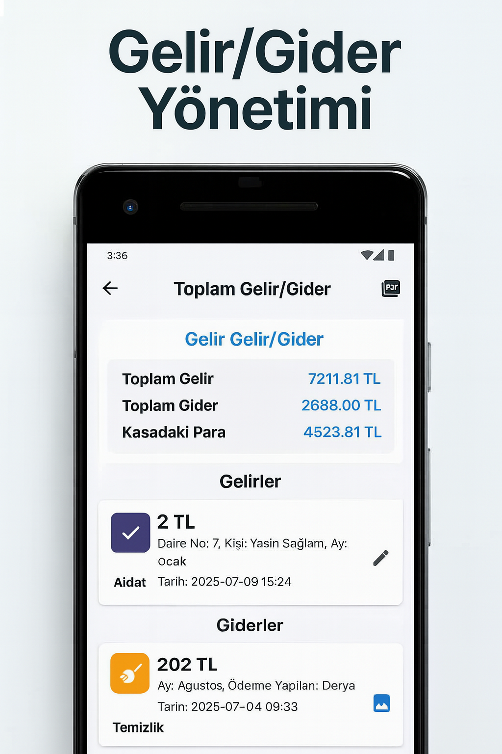 Gelir gider takibi ekranı – apartman muhasebesi ve kasa yönetimi